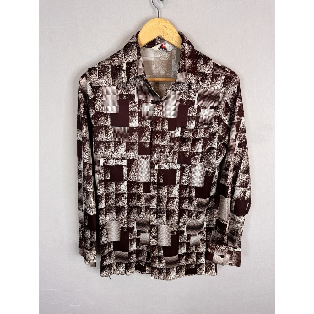 Vintage Impact Men Brown Geometric Disco Print Polyester Button Down Shirt M 70s